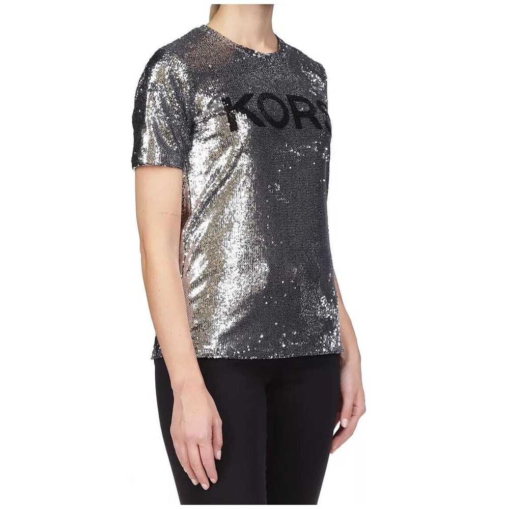 Michael Kors Sequined Stretch Tulle T-Shirt Top Black/Silver XS/S/M $155 Nwt - Picture 4 of 5